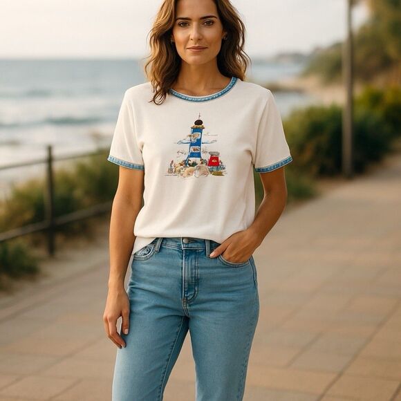 Bon Worth Vintage White Embroidered Lighthouse Top Shirt with Plaid Piping Large - Picture 1 of 7